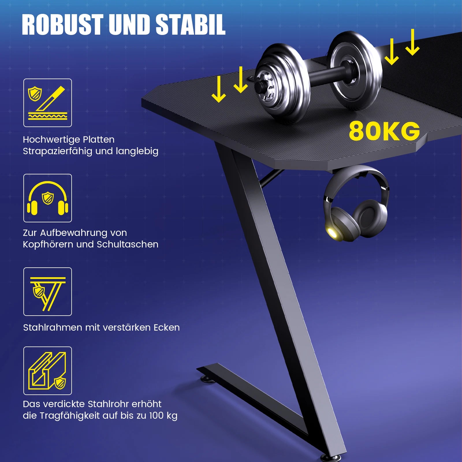 GTPLAYER Gaming-Tisch 120x60 cm – Stabiler Z-Tisch mit LED-Beleuchtung & Carbon-Oberfläche