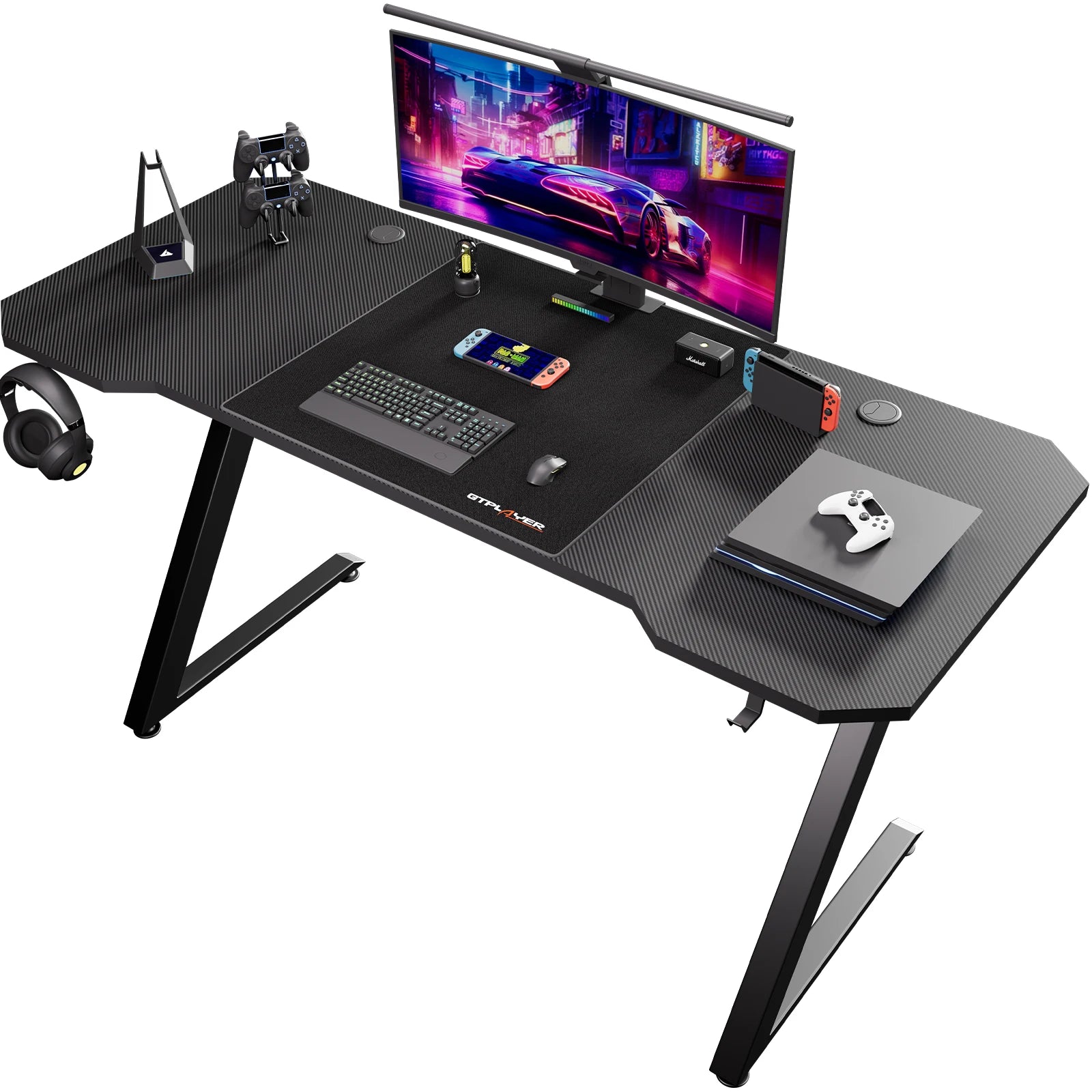 GTPLAYER Gaming-Tisch 120x60 cm – Stabiler Z-Tisch mit LED-Beleuchtung & Carbon-Oberfläche